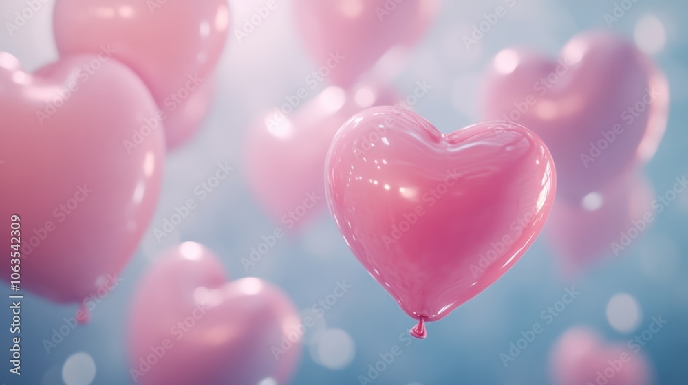 Dreamy Pastel Romance: Heart-Shaped Pink Balloons Floating in Softly Lit Air