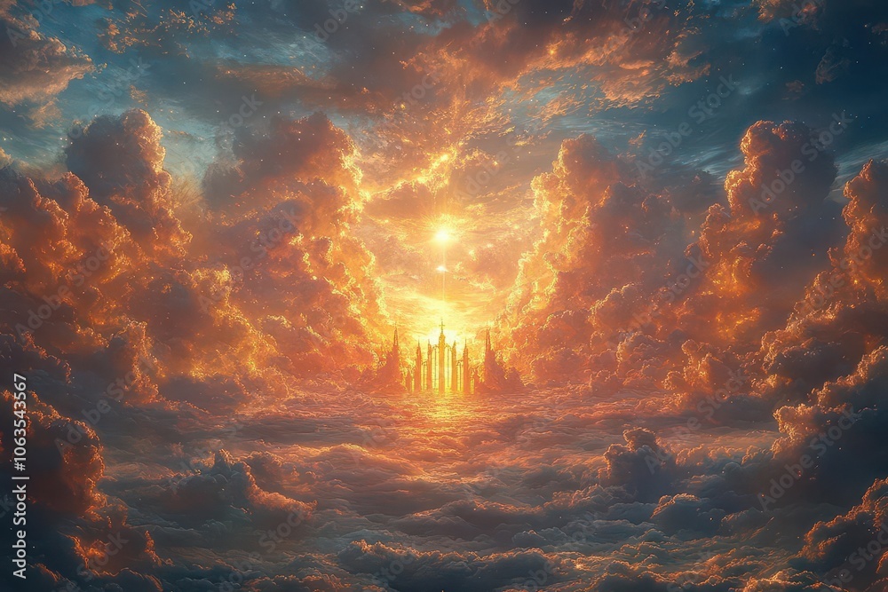 Obraz premium heavens gates adorned with shimmering clouds and ethereal light welcoming souls into a realm of peace adorned with golden accents and soft pastel colors evoking serenity and hope