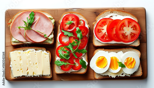 Colorful sandwich assembly on a wooden board showcasing fresh ingredients at lunchtime photo