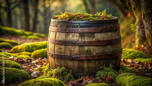 Wallpaper Mural Rustic old whiskey barrel with a broken lid and moss growing on the outside, forest, rustic, landscape Torontodigital.ca