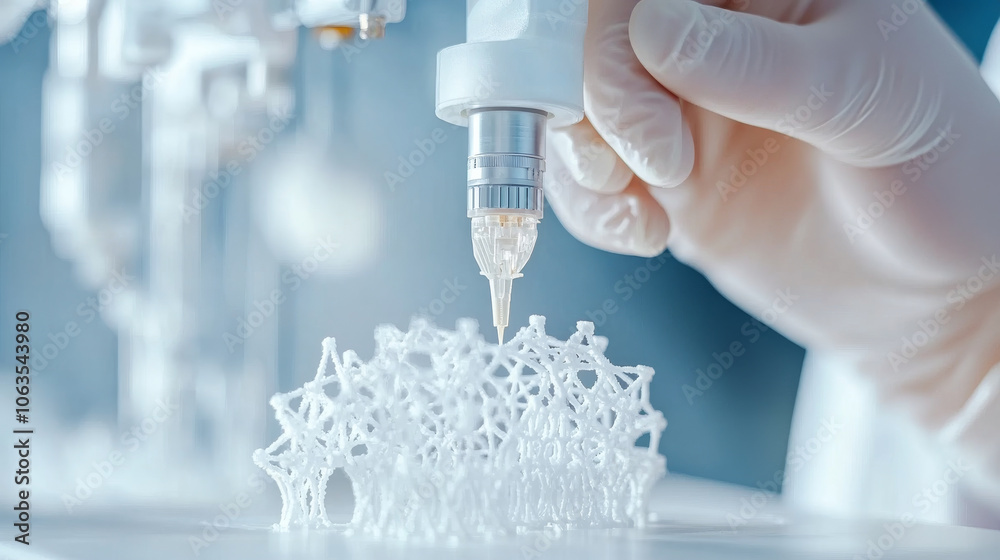 Fototapeta premium Innovative 3D printing technology is showcased as hand operates precision nozzle, creating intricate white structures. This image captures essence of modern manufacturing and design