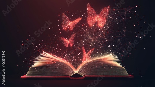 Storytelling concept. Abstract literature reading concept. Low poly wireframe open book and flying butterflies isolated on dark red background. Glowing connected dots, lines, and geometric shapes.