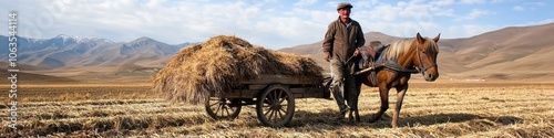 Farmer transporting harvested crops on a wooden cart pulled by a horse, [farmer labor], [traditional crop transportation]. photo