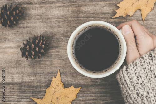 A person holds a cup of coffee with a leaf on the table