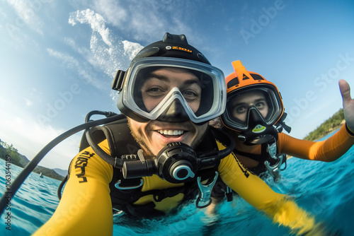 Generated with AI picture of diver in a diving suit swims underwater