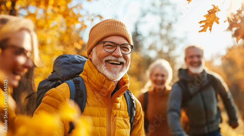 Joyful seniors enjoying vibrant autumn day outdoors, surrounded by colorful leaves. Their laughter and warmth create cheerful atmosphere, perfect for memorable adventure