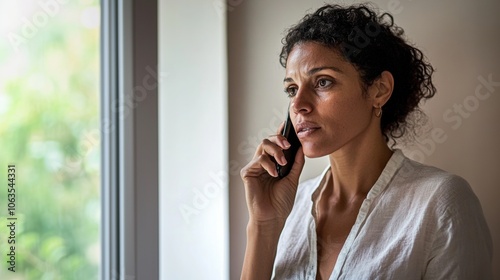 Woman standing near window, holding a phone to her ear, gazing thoughtfully outside. Soft natural light from the window enhances the serene indoor setting.