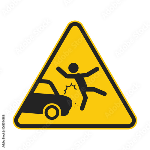 Isolated yellow triangle sign man hit by a car, pedestrian side road safety alert