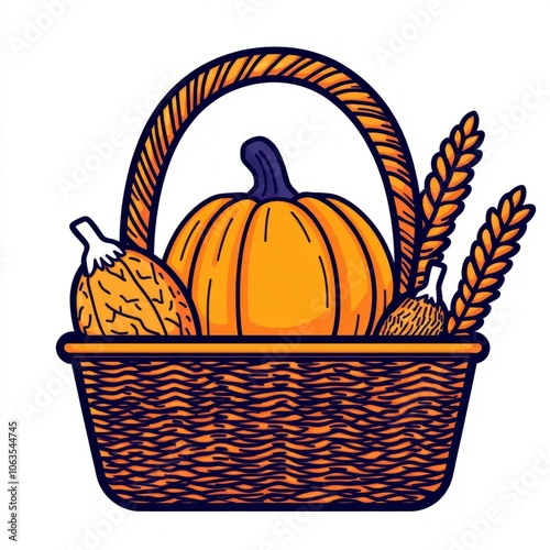 A basket filled with pumpkins and wheat, symbolizing autumn harvest. photo