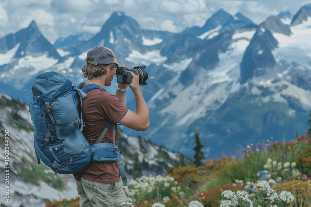 A young male mountain climber takes a photo with a camera to capture the image. A young male mountain climber takes a photo with a camera to capture the image.