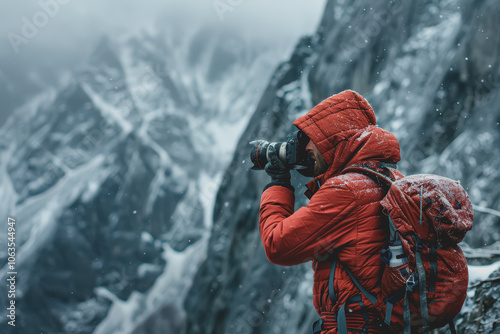 A young male mountain climber takes a photo with a camera to capture the image.