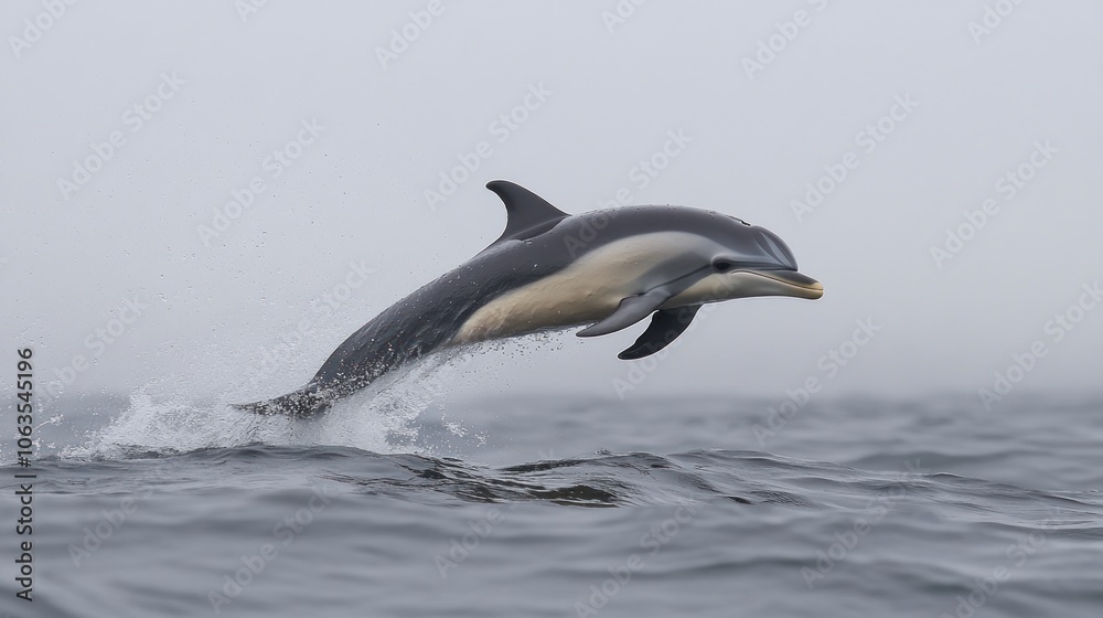 Fototapeta premium A dolphin leaps gracefully above the ocean surface, showcasing its agility and beauty.