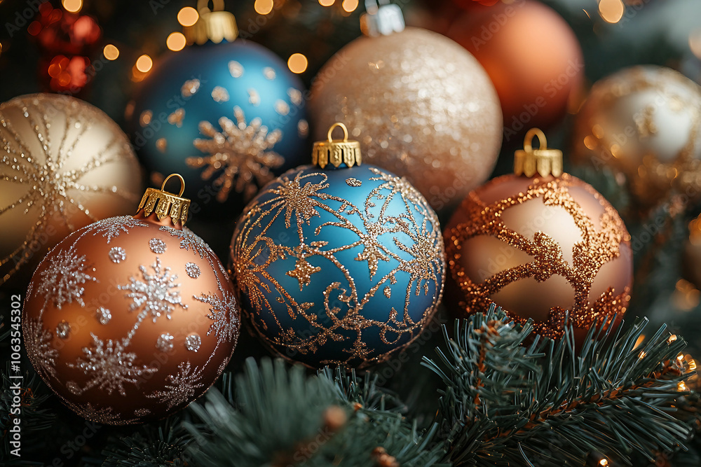 Generative AI image of festive Christmas decor with baubles, berries, and pine cones for holiday shopping Generative AI image of festive Christmas decor with baubles, berries, and pine cones for holiday shopping