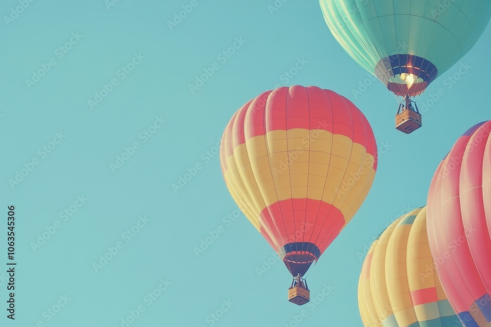 Fototapeta premium A set of brightly colored hot air balloons rising into a clear sky. 