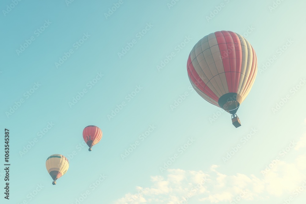 Fototapeta premium A set of brightly colored hot air balloons rising into a clear sky. 