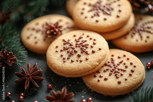 Generative AI image of festive Christmas cookies with holiday decorations and pinecones