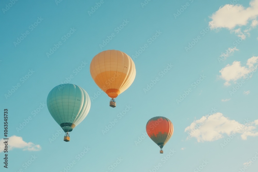 Naklejka premium A set of brightly colored hot air balloons rising into a clear sky. 