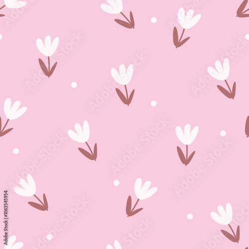 Tulips and white dots seamless pattern. Vector illustration for wallpaper, scrapbooking, wrapping paper.