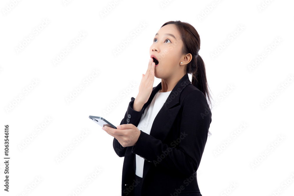 Portrait young asian businesswoman in suit gesture surprised while looking smartphone isolated white background, business woman excited with amazed while looking smart phone, business concept. Portrait young asian businesswoman in suit gesture surprised while looking smartphone isolated white background, business woman excited with amazed while looking smart phone, business concept.