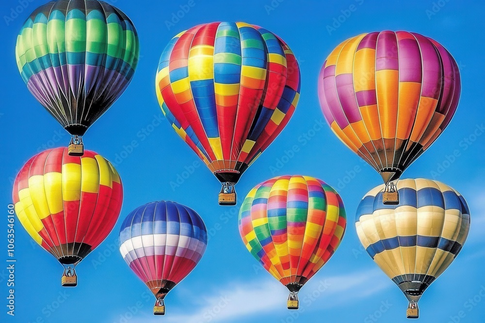 A set of brightly colored hot air balloons rising into a clear sky. A set of brightly colored hot air balloons rising into a clear sky.