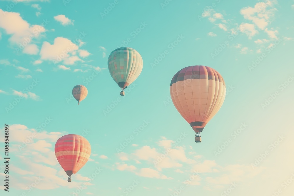 Fototapeta premium A set of brightly colored hot air balloons rising into a clear sky.