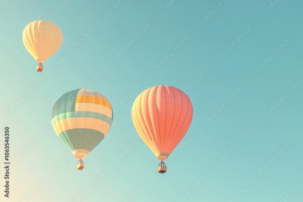 A set of brightly colored hot air balloons rising into a clear sky. A set of brightly colored hot air balloons rising into a clear sky.