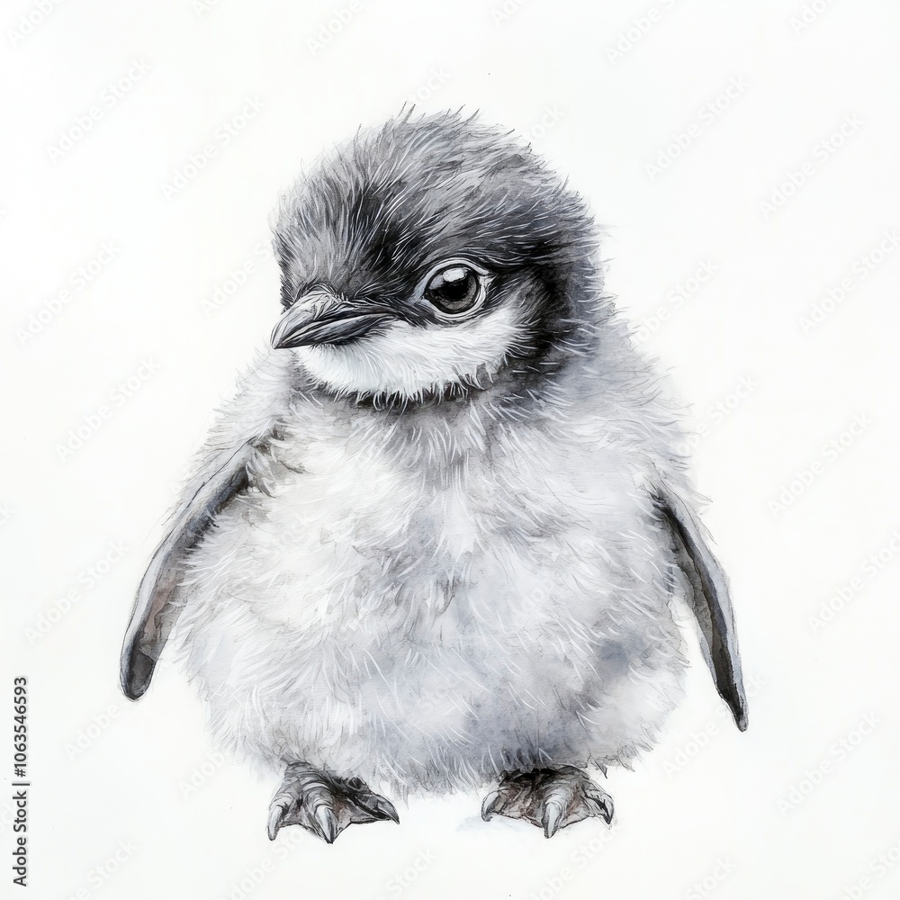 Fototapeta premium Watercolor painting of a baby penguin with fluffy down feathers, standing on a white background