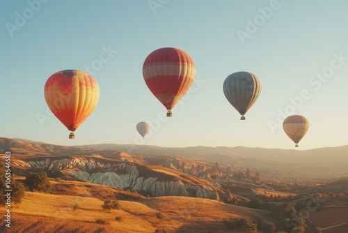 A set of brightly colored hot air balloons rising into a clear sky. 