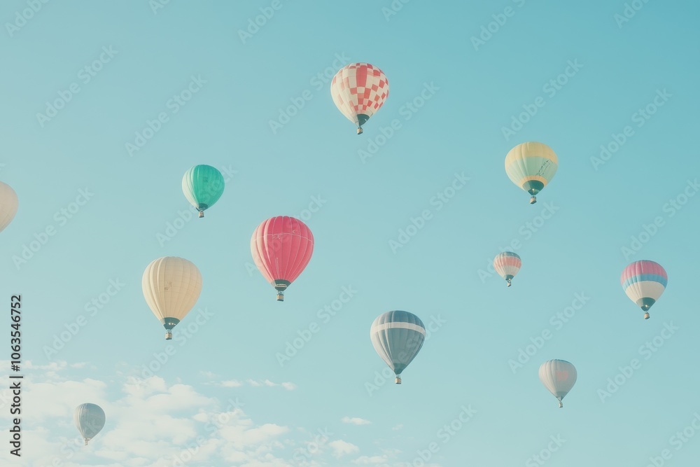 A set of brightly colored hot air balloons rising into a clear sky. A set of brightly colored hot air balloons rising into a clear sky.