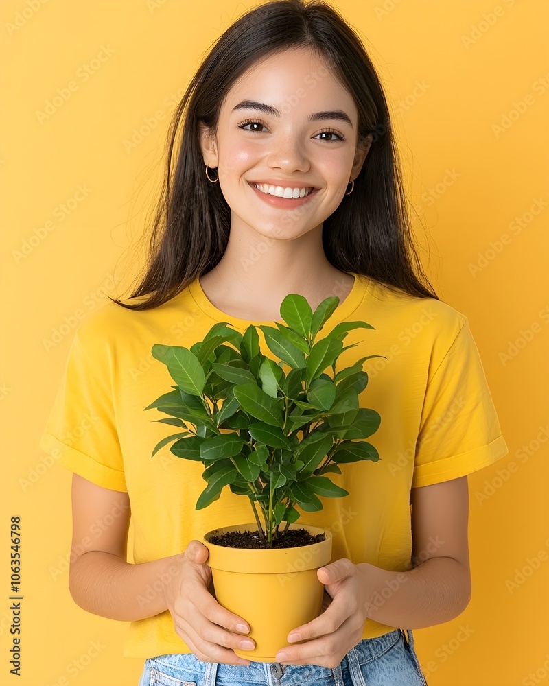Young woman smiling with a potted plant against a yellow background Young woman smiling with a potted plant against a yellow background