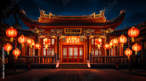 Buddhist temple illuminated at night with lanterns and incense , spirituality, religion, architecture, night. Buddhist Monastery. Illustration