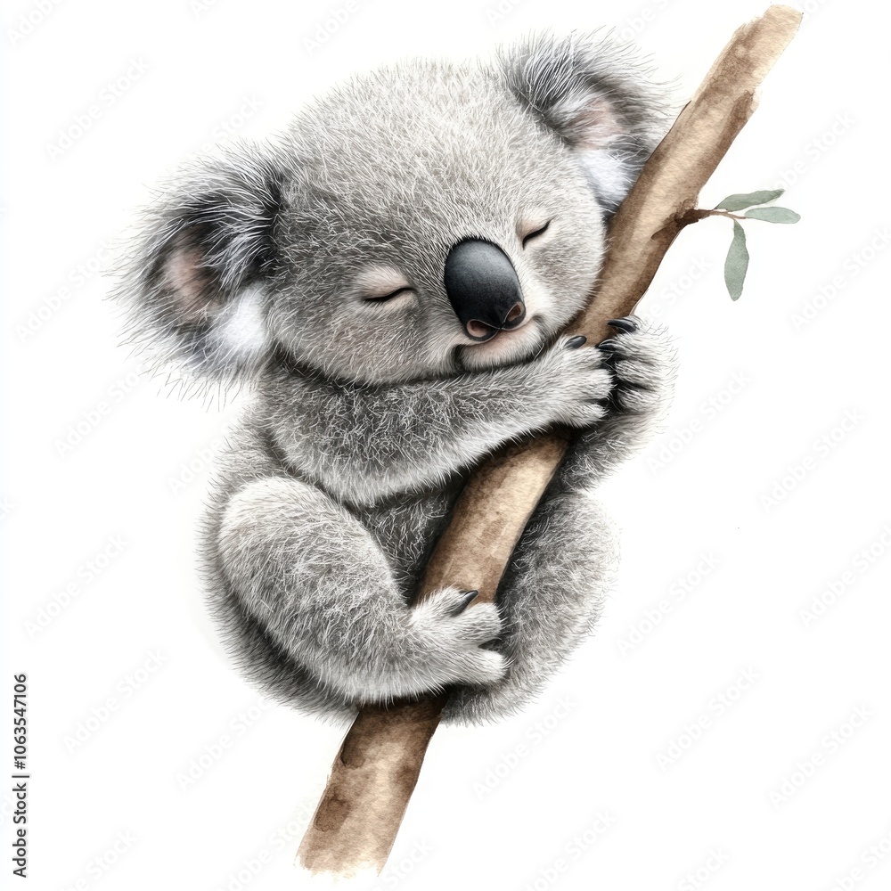 Obraz premium Watercolor baby koala with soft gray fur, hugging an invisible tree branch, white background