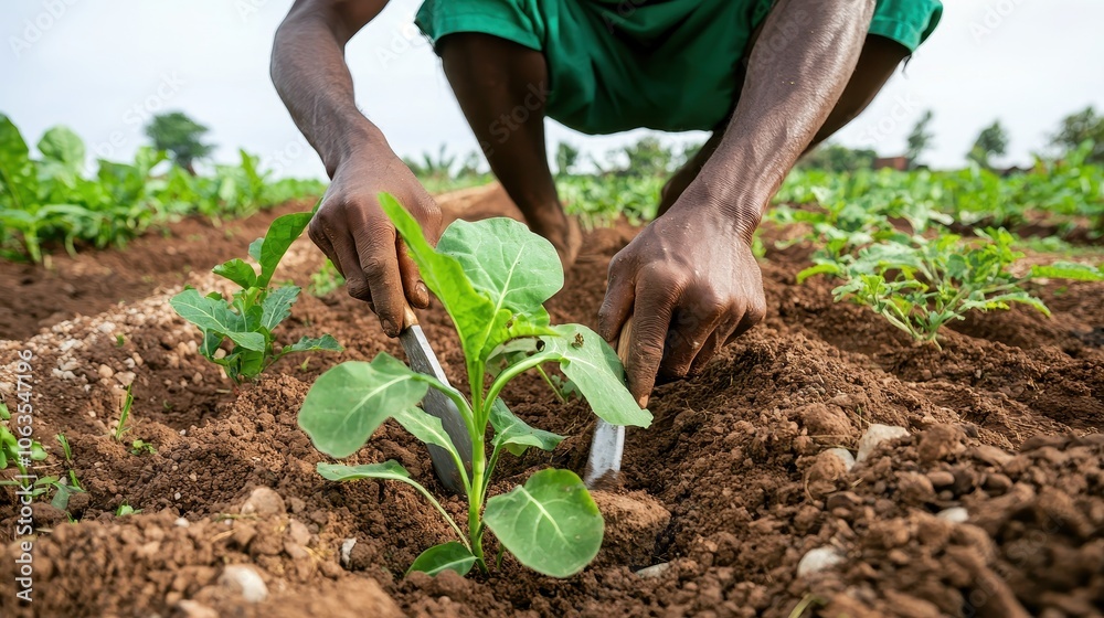 Using A Till Farmer using hand tools to till a small organic garden plot, [crops ...