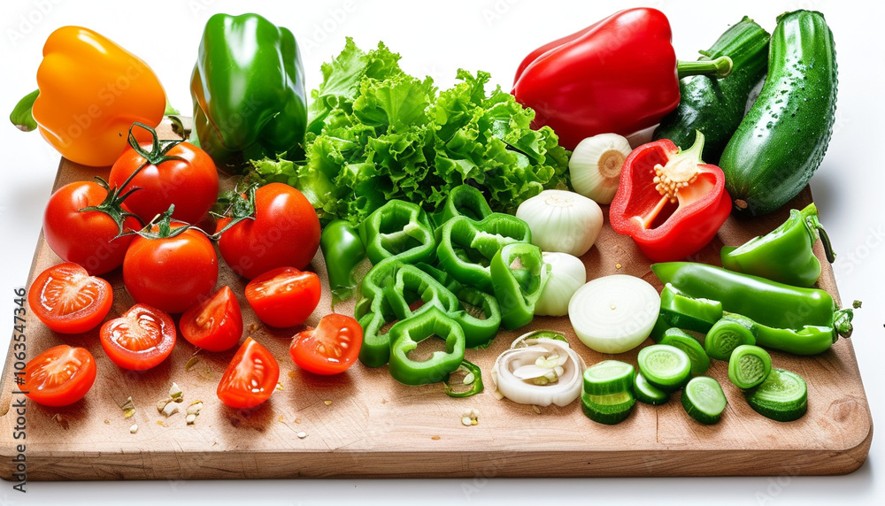Vibrant assortment of fresh vegetables beautifully arranged on a wooden chopping board Vibrant assortment of fresh vegetables beautifully arranged on a wooden chopping board