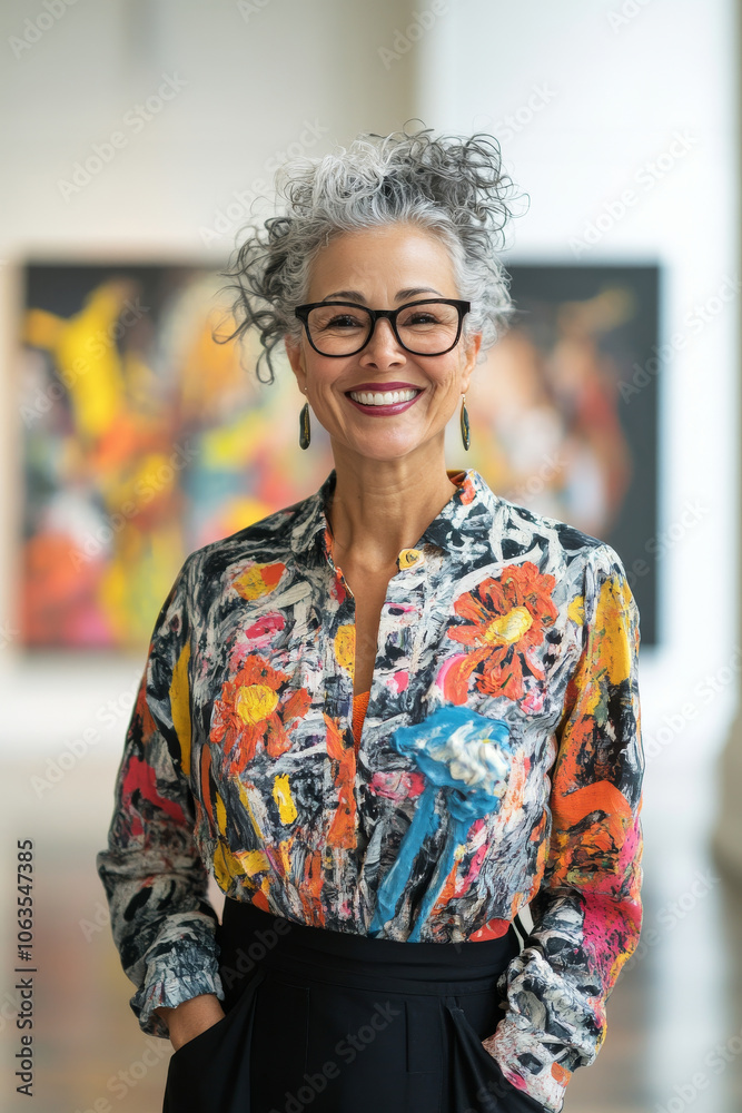 A confident woman with curly gray hair smiles warmly, wearing colorful, artistic blouse in gallery setting. vibrant background enhances her joyful expression A confident woman with curly gray hair smiles warmly, wearing colorful, artistic blouse in gallery setting. vibrant background enhances her joyful expression