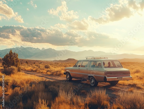 Vintage-inspired photo of a family road trip in an old station wagon, soft sunlight