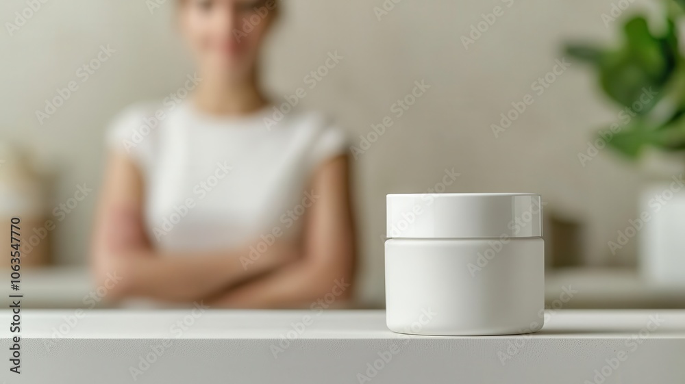 Face cream jar on minimalist shelf, blurred woman in background prepping skincare Face cream jar on minimalist shelf, blurred woman in background prepping skincare