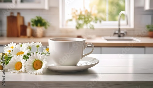 Wallpaper Mural porcelain cup on saucer with tea on kitchen table and bouquet of wild daisies nearby lies on table. chamomile in tea. bright space Torontodigital.ca