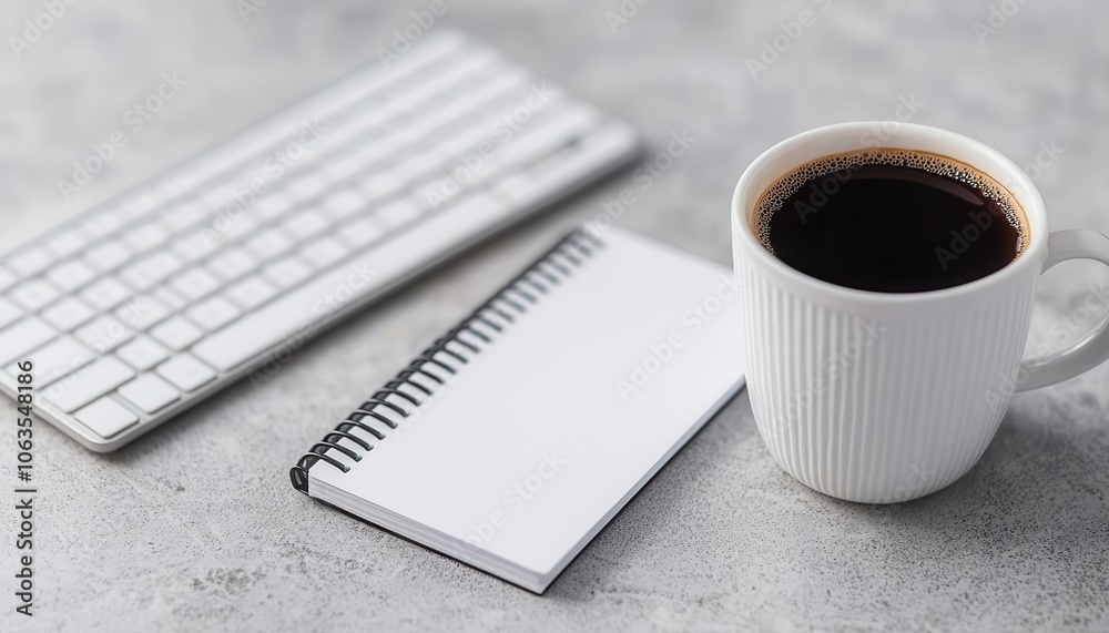 Hand on keyboard next to a cup of coffee and notebook, morning productivity workspace