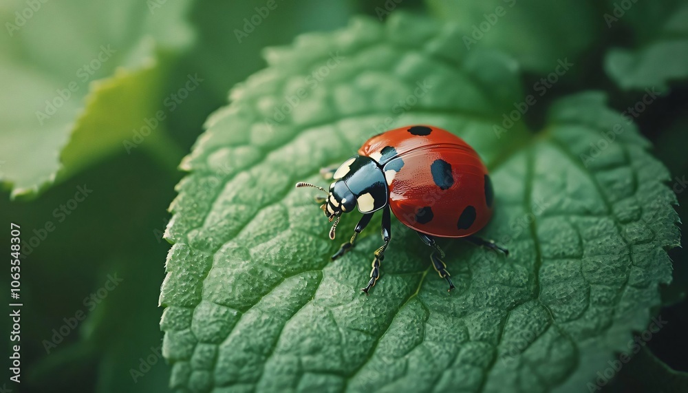 A vibrant ladybug resting on a green leaf, surrounded by nature's beauty, showcasing colorful wildlife and the essence of summer. A vibrant ladybug resting on a green leaf, surrounded by nature's beauty, showcasing colorful wildlife and the essence of summer.