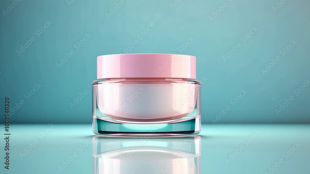 A soft pink jar of face cream for skin care on a pastel blue background. A cosmetic product promotion. A soft pink jar of face cream for skin care on a pastel blue background. A cosmetic product promotion.