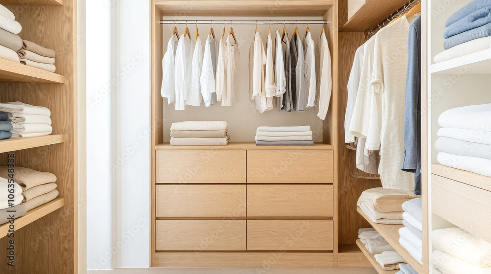 A modern closet featuring neatly organized clothing and towels in neutral tones, showcasing minimalist design with wooden shelves and drawers A modern closet featuring neatly organized clothing and towels in neutral tones, showcasing minimalist design with wooden shelves and drawers