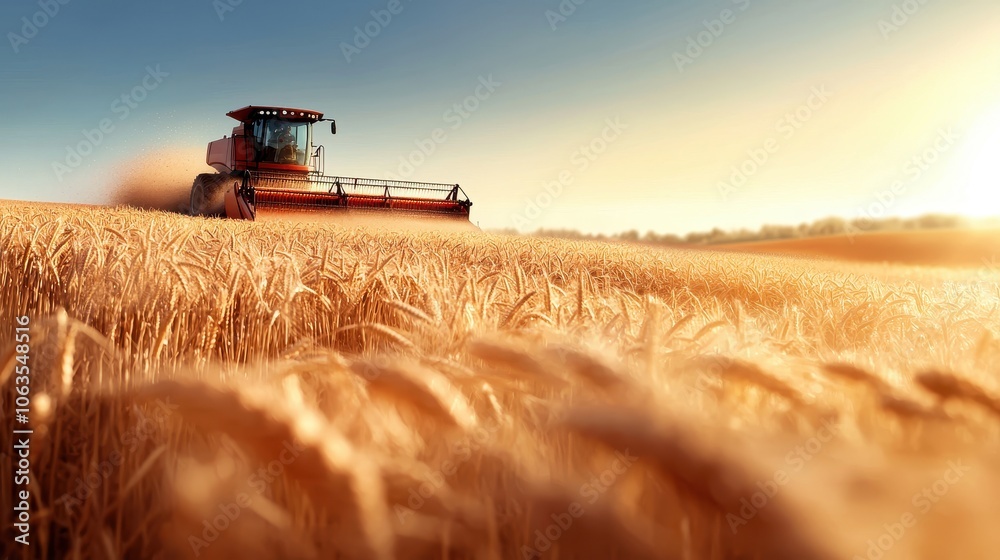 Fototapeta premium Farmer driving a combine harvester, collecting grains from a vast field, [farmer labor], [mechanized crop collection].