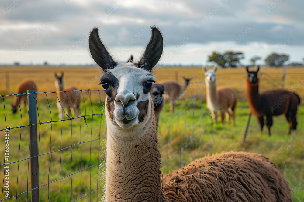 Fototapeta premium Generated AI portrait of brown or beige alpaca on a green field grass