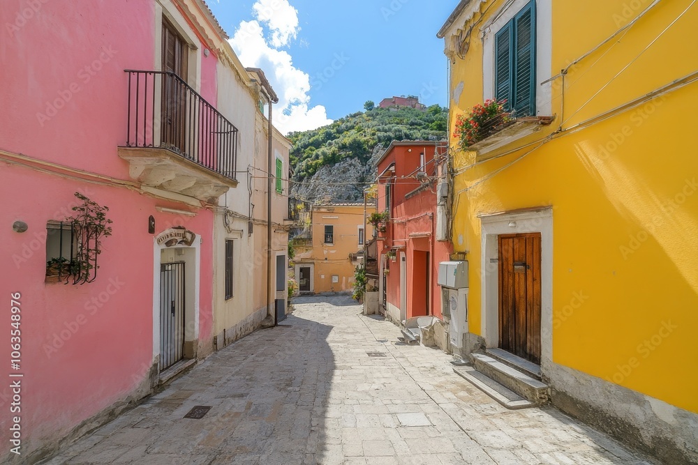 A street in a small Italian village lined with brightly painted houses in various shades of yellow, pink, and orange. A street in a small Italian village lined with brightly painted houses in various shades of yellow, pink, and orange.