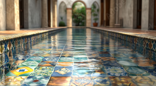 infinity swimming pool with different colour patterned traditiinal sicilian floor photo