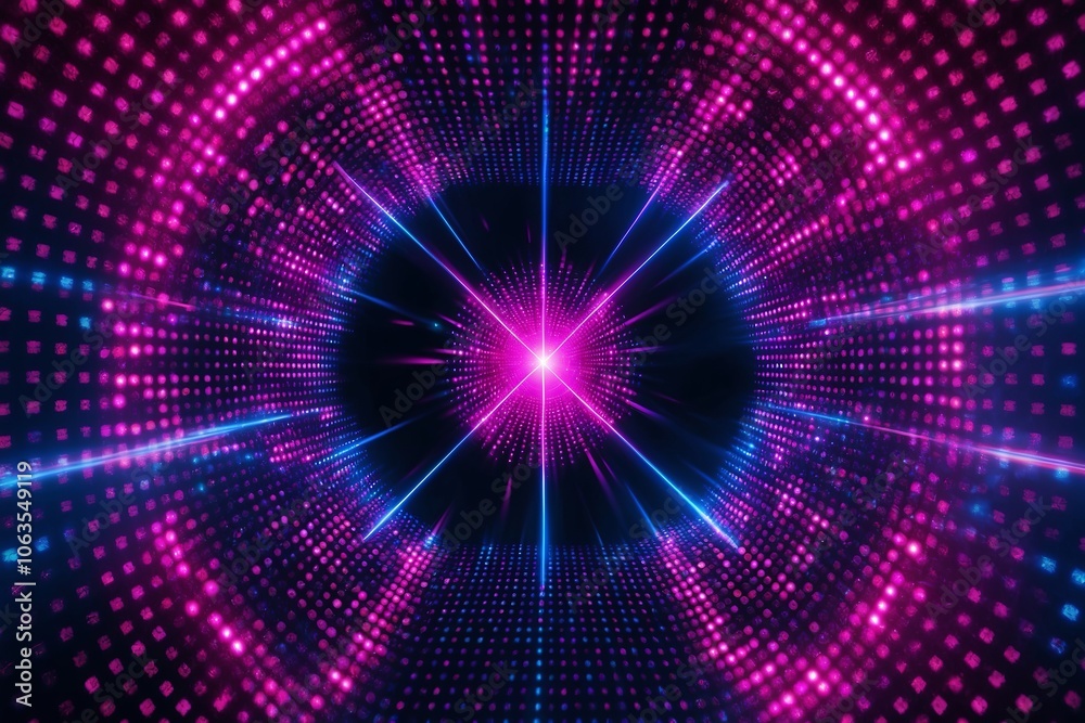 Neon dots arranged in a grid pattern with pulsating pink and blue shades against black. Created with generative AI technology
