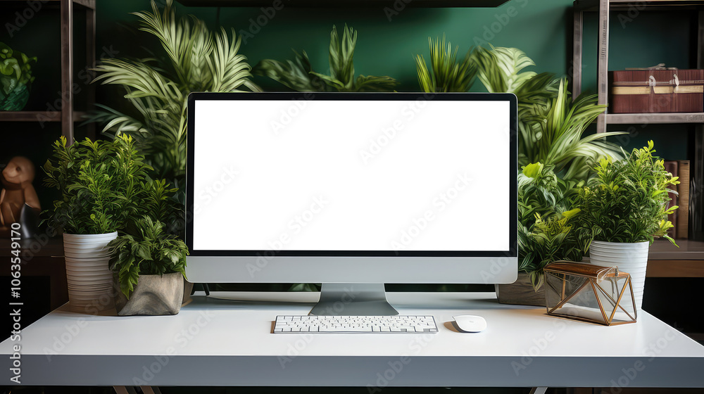 Modern Home Office Setup with Plants and Blank Screen Modern Home Office Setup with Plants and Blank Screen