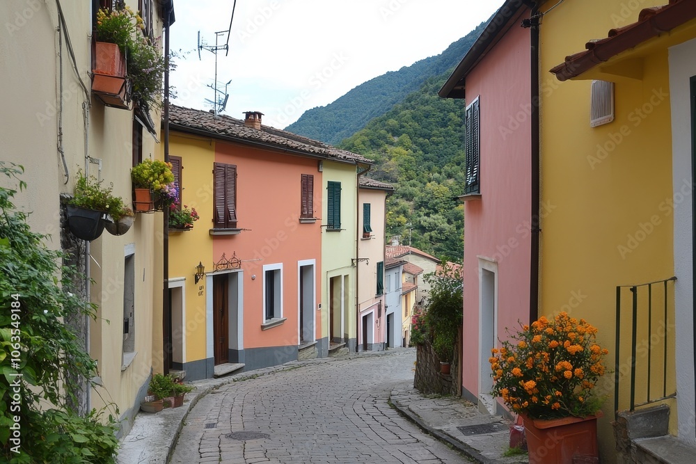 Fototapeta premium A street in a small Italian village lined with brightly painted houses in various shades of yellow, pink, and orange.