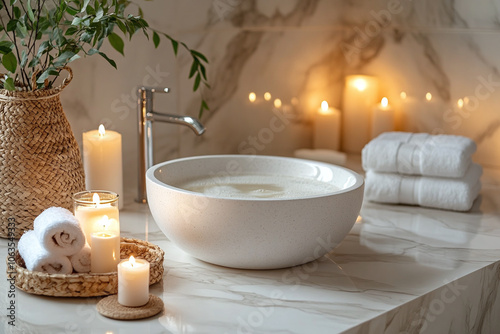 A bathroom with marble tiles, candles, and spa accessories.